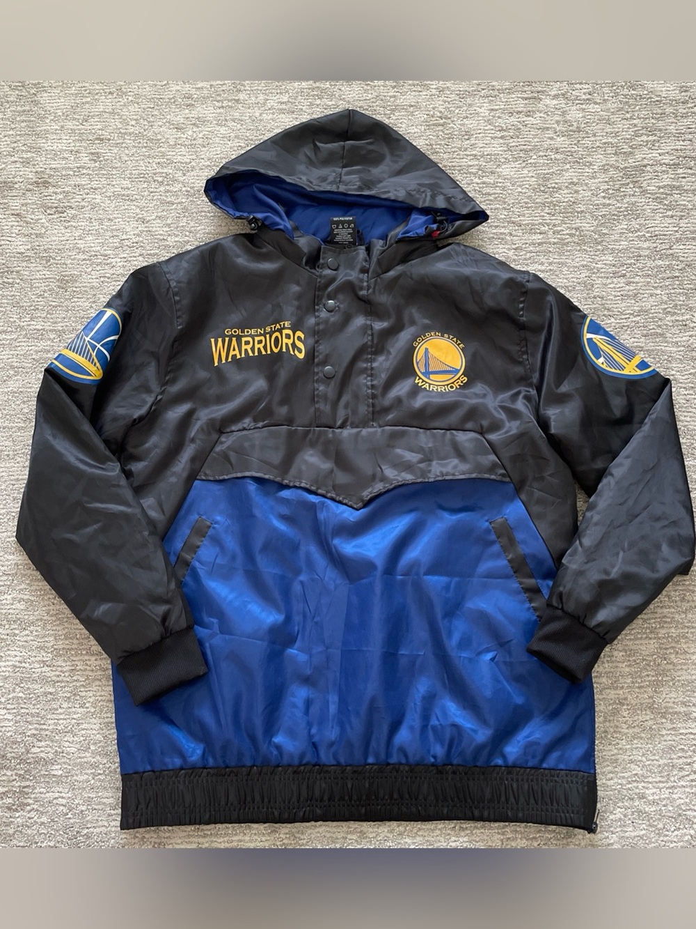 Golden State Warriors Hooded Anorak Windbreaker Jacket Black Blue Men’s Large